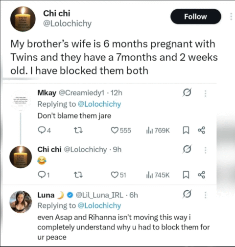 X users react after woman blocks her brother and his wife over back-to-back pregnancies